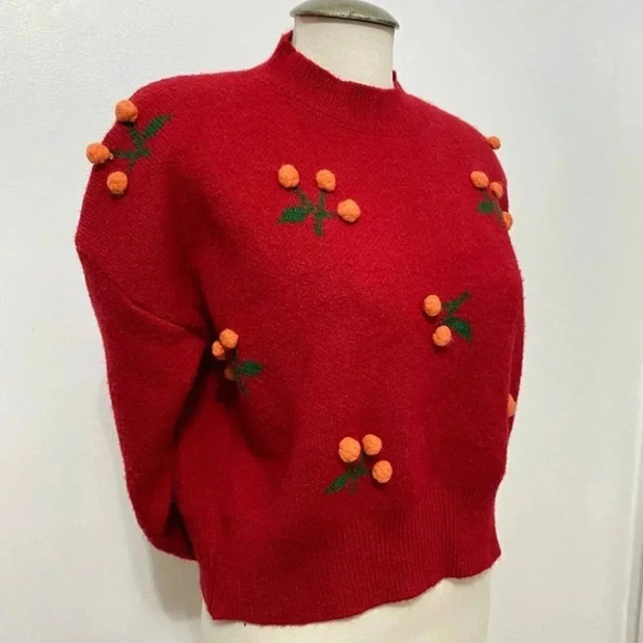 Source Unknown - Novelty Cherry Embroidered Soft Burgundy Red Cropped Sweater - Picture 8 of 8